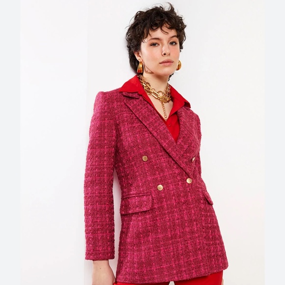 LC Waikiki Vision Blazer Tweed Jacket Chanel vibe Double breasted Pink Sz S - Picture 2 of 16